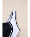 Black Color Block Ric Rac Trim U Neck One Piece Swimsuit - S