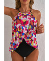 Purple Floral Print O Neck Open Back One Piece Swimsuit - XL