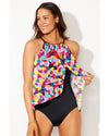 Purple Floral Print O Neck Open Back One Piece Swimsuit - XL