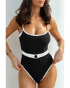 Black Contrast Trim Two Tone Belted One Piece Swimsuit - M