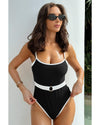 Black Contrast Trim Two Tone Belted One Piece Swimsuit - M