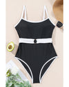 Black Contrast Trim Two Tone Belted One Piece Swimsuit - M