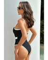 Black Contrast Trim Two Tone Belted One Piece Swimsuit - M