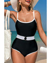 Black Contrast Trim Two Tone Belted One Piece Swimsuit - M