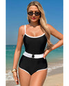 Black Contrast Trim Two Tone Belted One Piece Swimsuit - S