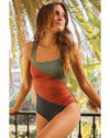 Duffel Green Color Block Padded Square Neck One Piece Swimsuit - L