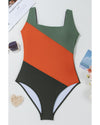 Duffel Green Color Block Padded Square Neck One Piece Swimsuit - M