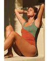 Duffel Green Color Block Padded Square Neck One Piece Swimsuit - M