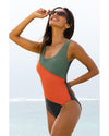 Duffel Green Color Block Padded Square Neck One Piece Swimsuit - XL