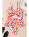 Red Floral Ruffle Trim Cutout Knotted One Piece Swimsuit - 2XL