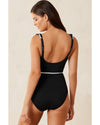 Black Color Contrast Ruffled Wrap V Neck Swimsuit - L