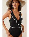 Black Color Contrast Ruffled Wrap V Neck Swimsuit - L