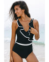 Black Color Contrast Ruffled Wrap V Neck Swimsuit - XL