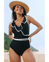 Black Color Contrast Ruffled Wrap V Neck Swimsuit - XL