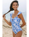 Blue Floral Ruffled Strap Lace-up Hollow Out One Piece Swimsuit - L