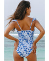 Blue Floral Ruffled Strap Lace-up Hollow Out One Piece Swimsuit - S