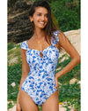 Blue Floral Ruffled Strap Lace-up Hollow Out One Piece Swimsuit - S