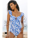 Blue Floral Ruffled Strap Lace-up Hollow Out One Piece Swimsuit - S