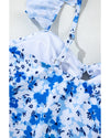 Blue Floral Ruffled Strap Lace-up Hollow Out One Piece Swimsuit - S