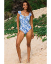 Blue Floral Ruffled Strap Lace-up Hollow Out One Piece Swimsuit - S