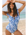 Blue Floral Ruffled Strap Lace-up Hollow Out One Piece Swimsuit - S