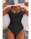 Black Ric Rac Trim Contrasted Patchwork Cutout One Piece Swimsuit - L