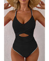 Black Ric Rac Trim Contrasted Patchwork Cutout One Piece Swimsuit - M