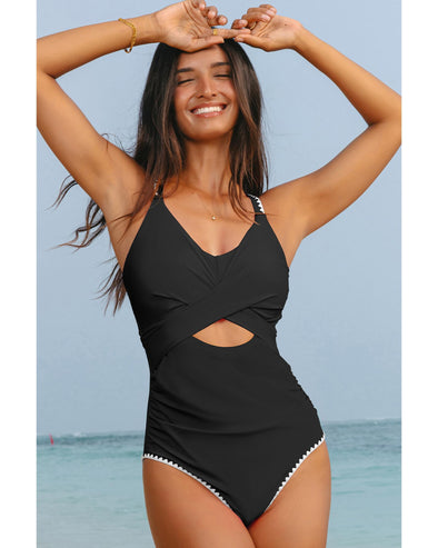 Black Ric Rac Trim Contrasted Patchwork Cutout One Piece Swimsuit - S