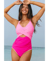 Rose Red Ric Rac Trim Contrasted Patchwork Cutout One Piece Swimsuit - M