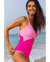 Rose Red Ric Rac Trim Contrasted Patchwork Cutout One Piece Swimsuit - M