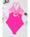 Rose Red Ric Rac Trim Contrasted Patchwork Cutout One Piece Swimsuit - M