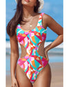 Purple Abstract Geometry Print Daring Cutout Reversible One Piece Swimsuit - M