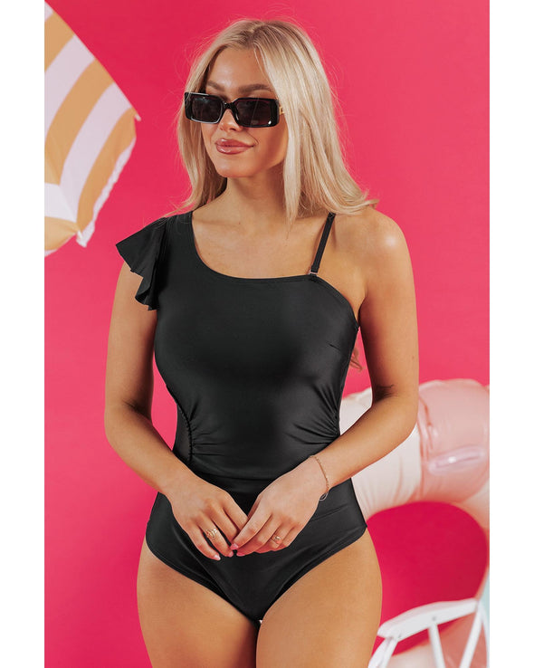 Black Asymmetric Ruffle Shoulder Pleated One Piece Swimsuit - 2XL