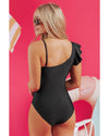 Black Asymmetric Ruffle Shoulder Pleated One Piece Swimsuit - 2XL