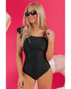 Black Asymmetric Ruffle Shoulder Pleated One Piece Swimsuit - 2XL