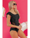 Black Asymmetric Ruffle Shoulder Pleated One Piece Swimsuit - 2XL