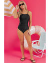 Black Asymmetric Ruffle Shoulder Pleated One Piece Swimsuit - 2XL