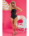 Black Asymmetric Ruffle Shoulder Pleated One Piece Swimsuit - 2XL