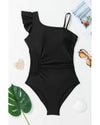 Black Asymmetric Ruffle Shoulder Pleated One Piece Swimsuit - 2XL
