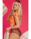 Orange Ruffle Sleeve Tricolor Cutout Front Ring One Piece Swimsuit - L