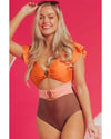 Orange Ruffle Sleeve Tricolor Cutout Front Ring One Piece Swimsuit - L