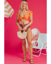 Orange Ruffle Sleeve Tricolor Cutout Front Ring One Piece Swimsuit - L