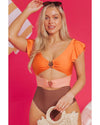Orange Ruffle Sleeve Tricolor Cutout Front Ring One Piece Swimsuit - L
