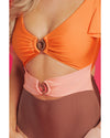 Orange Ruffle Sleeve Tricolor Cutout Front Ring One Piece Swimsuit - L
