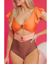 Orange Ruffle Sleeve Tricolor Cutout Front Ring One Piece Swimsuit - M