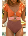 Orange Ruffle Sleeve Tricolor Cutout Front Ring One Piece Swimsuit - XL