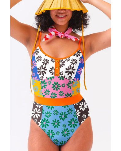 Orange Floral Colorblock Buttoned Decor Front Spaghetti Straps Teddy Swimsuit - M
