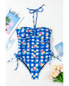 Blue Folk Gingham Halter Ruched Bodice Drawstring Ties One Piece Swimwear - 2XL