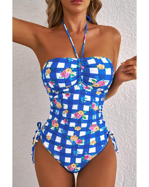 Blue Folk Gingham Halter Ruched Bodice Drawstring Ties One Piece Swimwear - L