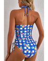Blue Folk Gingham Halter Ruched Bodice Drawstring Ties One Piece Swimwear - L